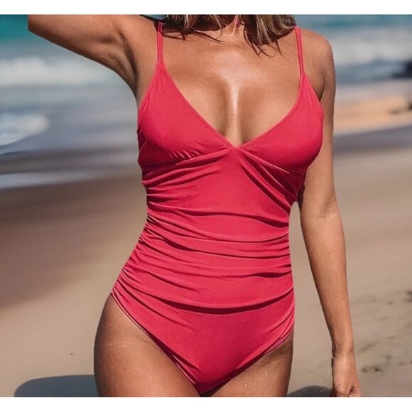 Cupshe Womens One Piece Swimsuit L Pink V Neck Low Back Ruched Adjustable Straps - Picture 1 of 8